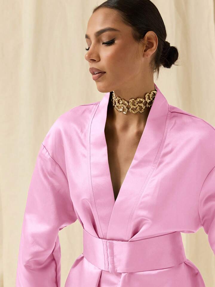 CM-DS784692 Women Elegant Seoul Style Solid Color Deep V-Neck Bell Sleeve Mini Dress - Pink