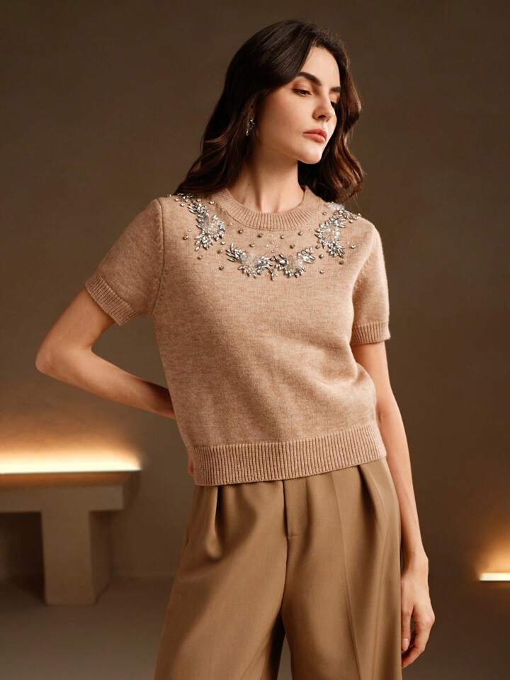 CM-TS091194 Women Casual Seoul Style Round Neck Short Sleeve Embroidered Rhinestone Embellished Knit Top - Khaki