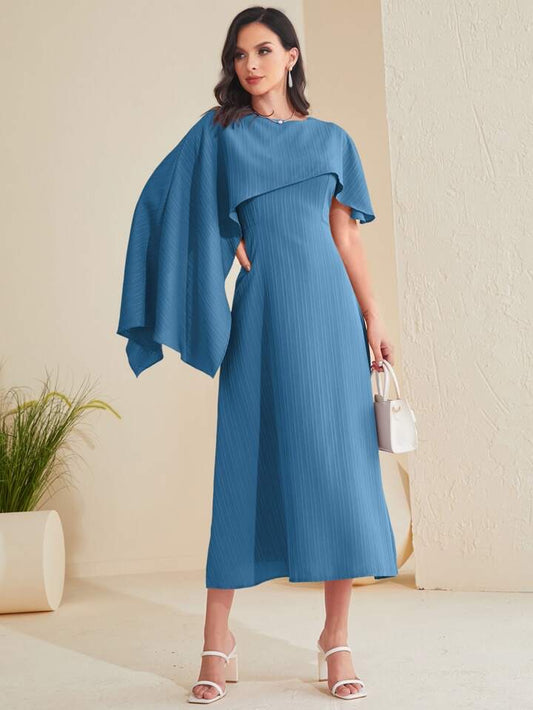 CM-DS558705 Women Casual Seoul Style Solid Asymmetrical Foldover Dress - Blue