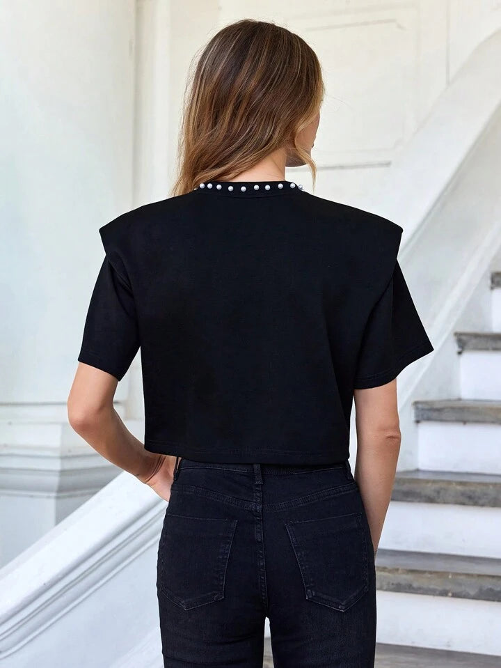 CM-TS233539 Women Casual Seoul Style Beaded Round Neck Short Sleeve T-Shirt - Black