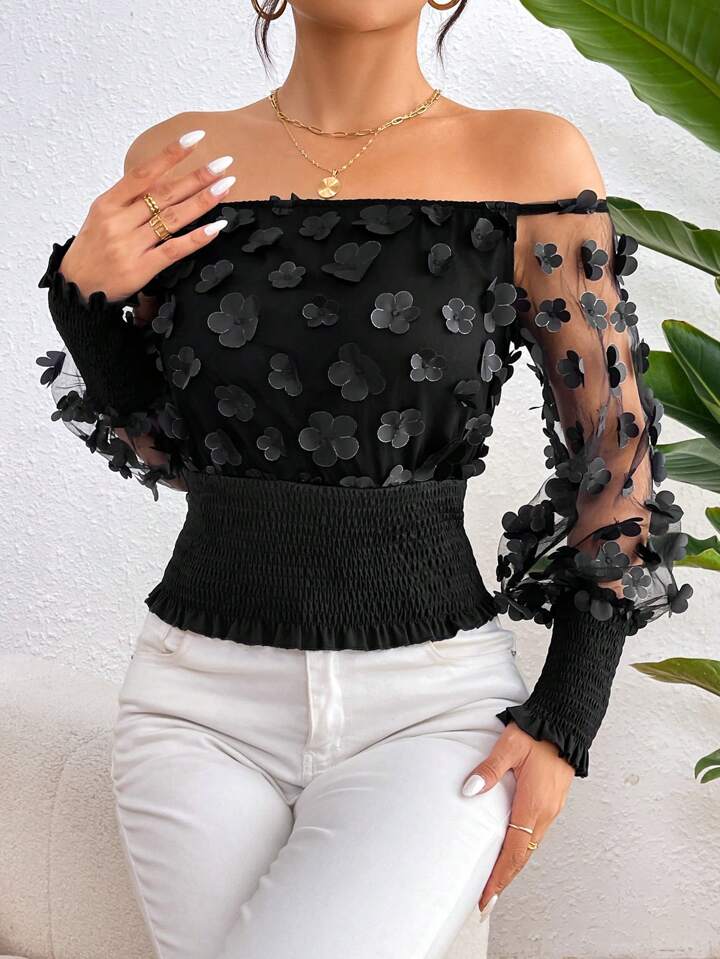 CM-TS454219 Women Casual Seoul Style 3D Floral Off-Shoulder Shirred Blouse - Black