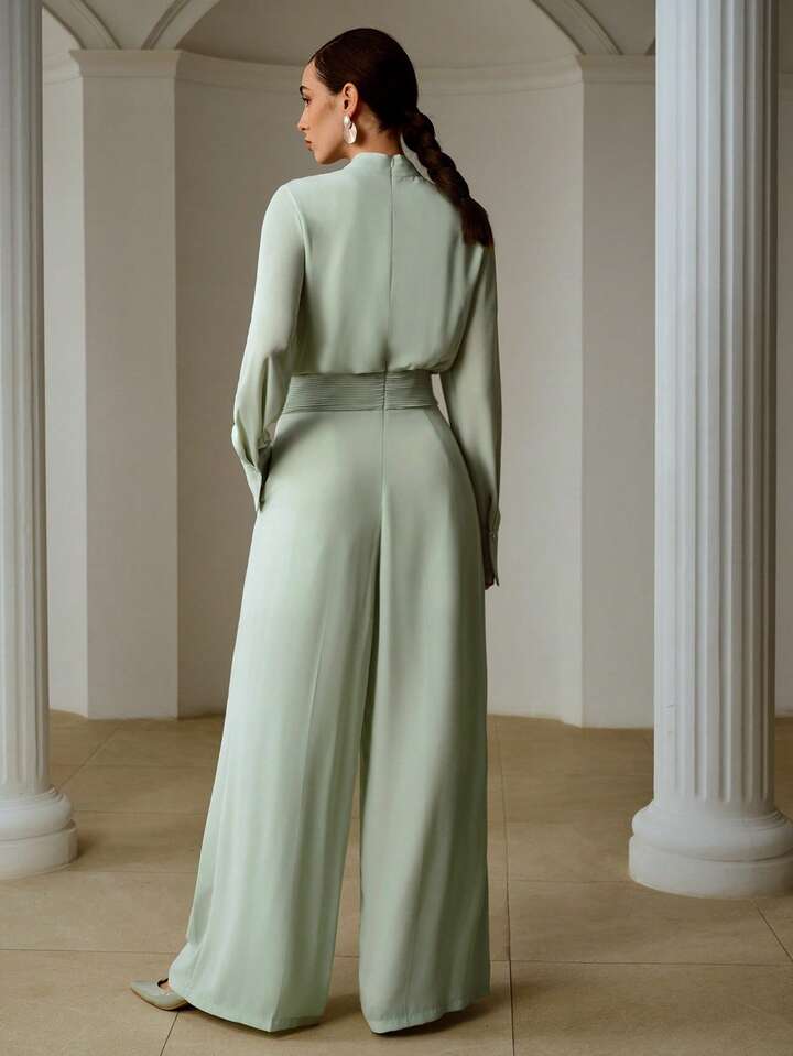 CM-JS504080 Women Elegant Seoul Style Ribbon Collar Rhinestone Buttons Chiffon Long Sleeve Jumpsuit - Mint Green