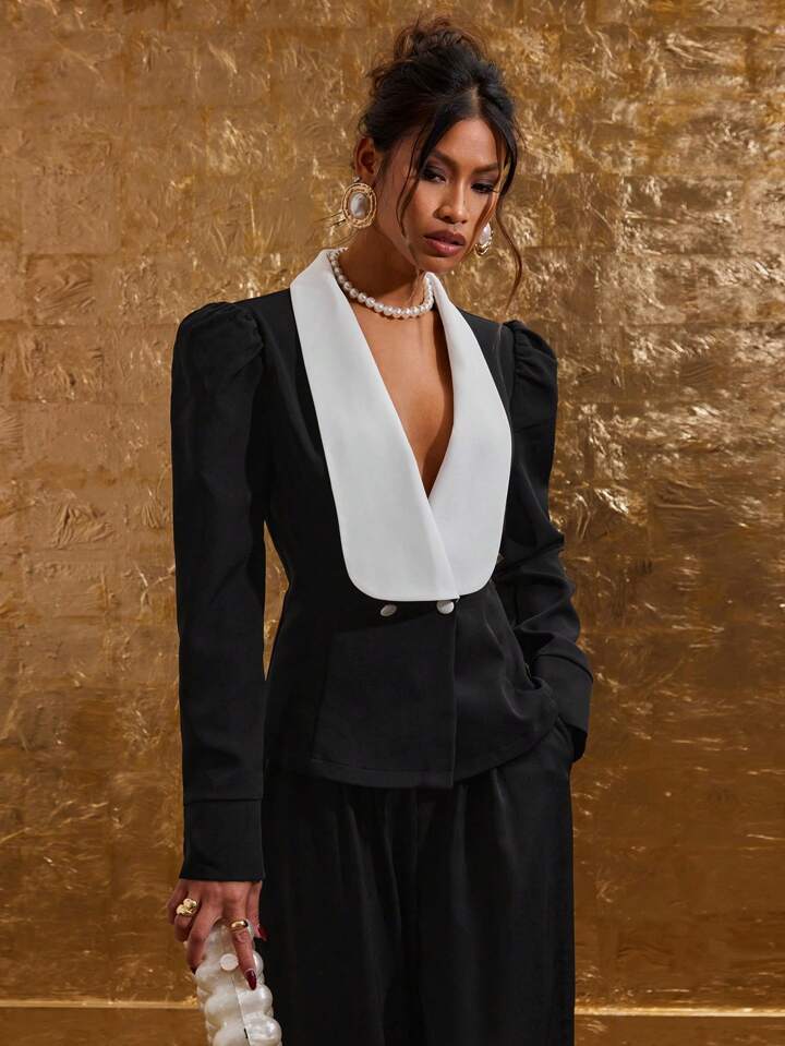 CM-TS016091 Women Elegant Seoul Style Contrast Color Double-Breasted Long Sleeve Shirt