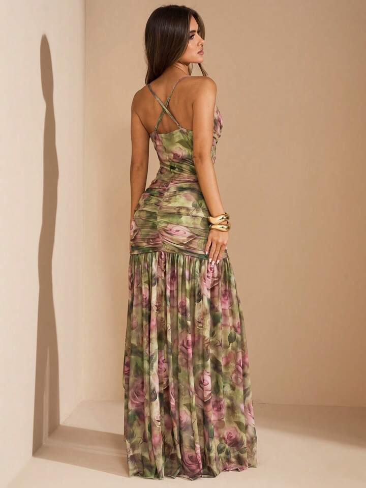 CM-DS553151 Women Trendy Bohemian Style Deep Draped Neck High Slit Floral Print Fitted Mesh Dress - Green