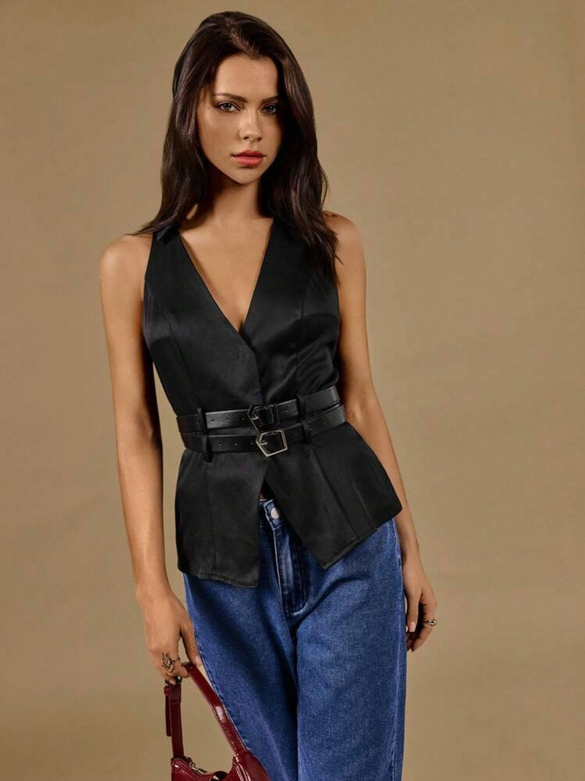 CM-TS204035 Women Casual Seoul Style Solid Color V-Neck Belted Sleeveless Blouse - Black