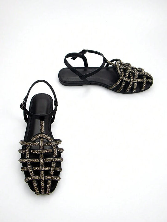 CM-SHS618759 Women Trendy Seoul Style Rhinestone Strap Adorned Flat Sandals - Black
