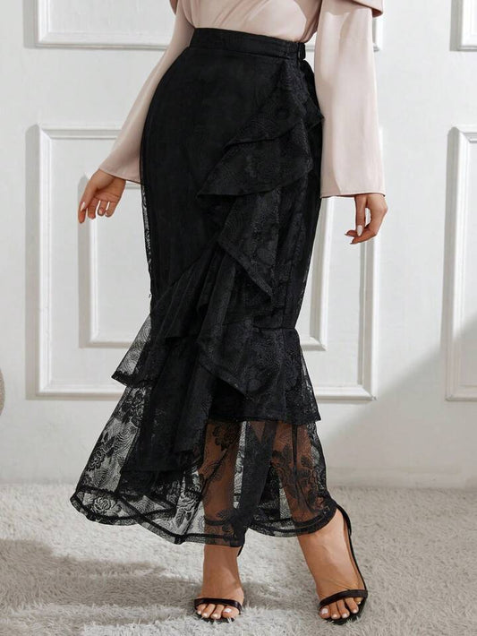 CM-BS141105 Women Elegant Seoul Style Lace Wrapped Ruffle Hem Asymmetric Skirt - Black