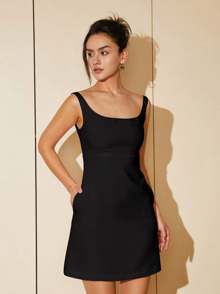 CM-DS211111 Women Elegant Seoul Style Solid Scoop Neck Sleeveless Mini Dress - Black