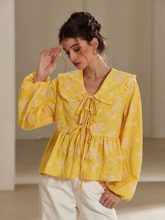 CM-TS711877 Women Casual Seoul Style Peter Pan Collar Tie-Up Bow Embroidered Long Sleeve Blouse