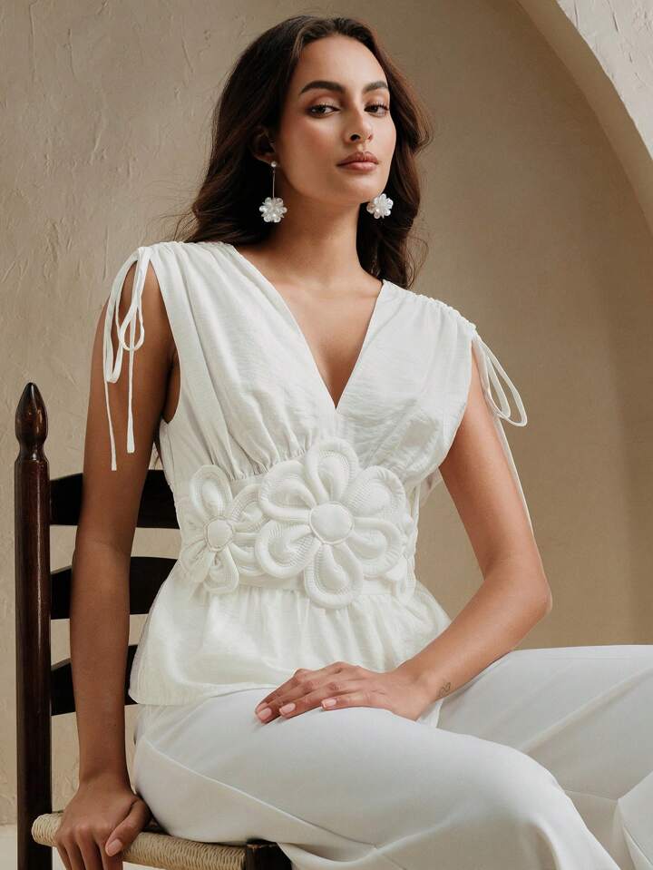 CM-TS156696 Women Elegant Seoul Style 3D Floral Tie Front Sleeveless Ruched Top - White