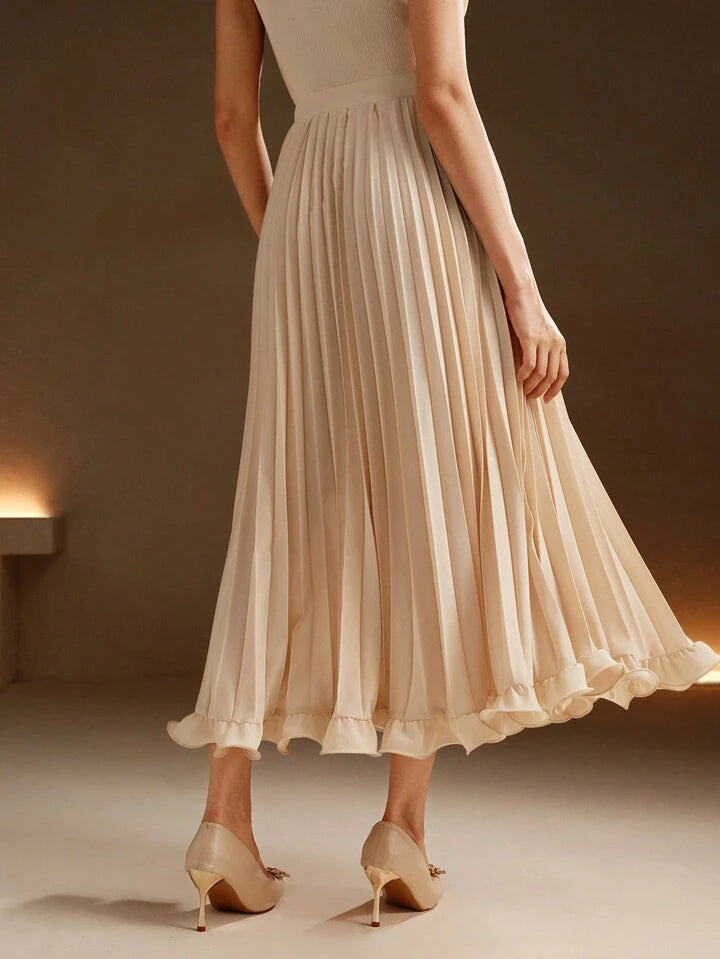 CM-BS741398 Women Elegant Seoul Style Pleated Woven Ruffle Hem Long Skirt - Apricot