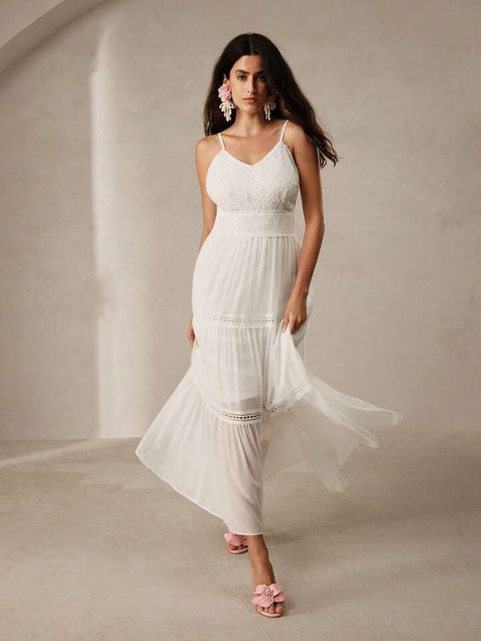 CM-DS182997 Women Elegant Seoul Style Spaggetti Strap Ruffle Hem Sleeveless Dress - White