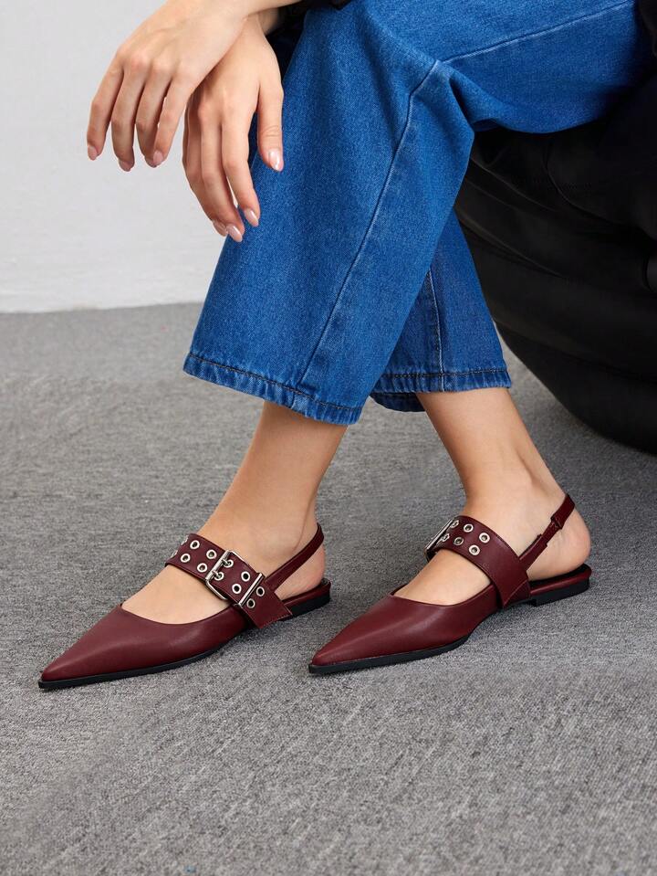 CM-SHS862685 Women Trendy Seoul Style PU Leather Pointed Toe Flat Shoes With Back Strap - Burgundy