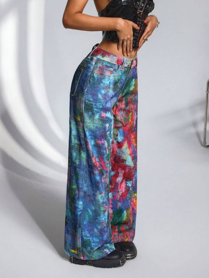 CM-BS865959 Women Casual Seoul Style Mid Waist Tie-Dye Print Extra Long Wide-Leg Jeans