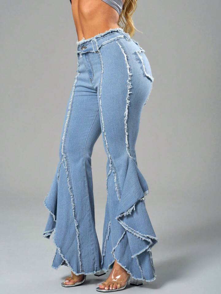 CM-BS291409 Women Casual Seoul Style Light Wash Raw Edge High-Waist Flared Denim Jeans