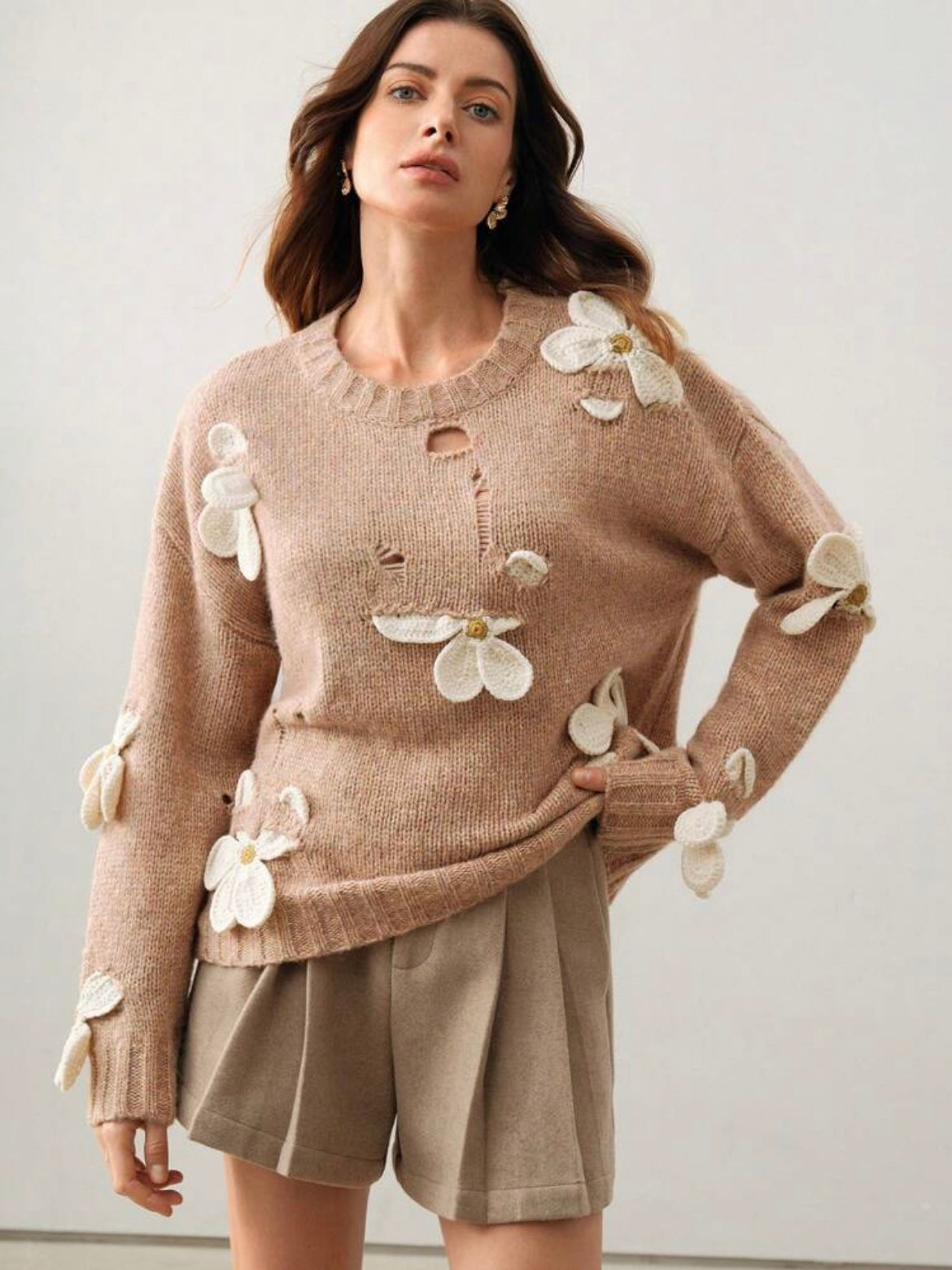 CM-CS472607 Women Casual Seoul Style Round Neck Crochet 3D Floral Long Sleeve Knitted Sweater