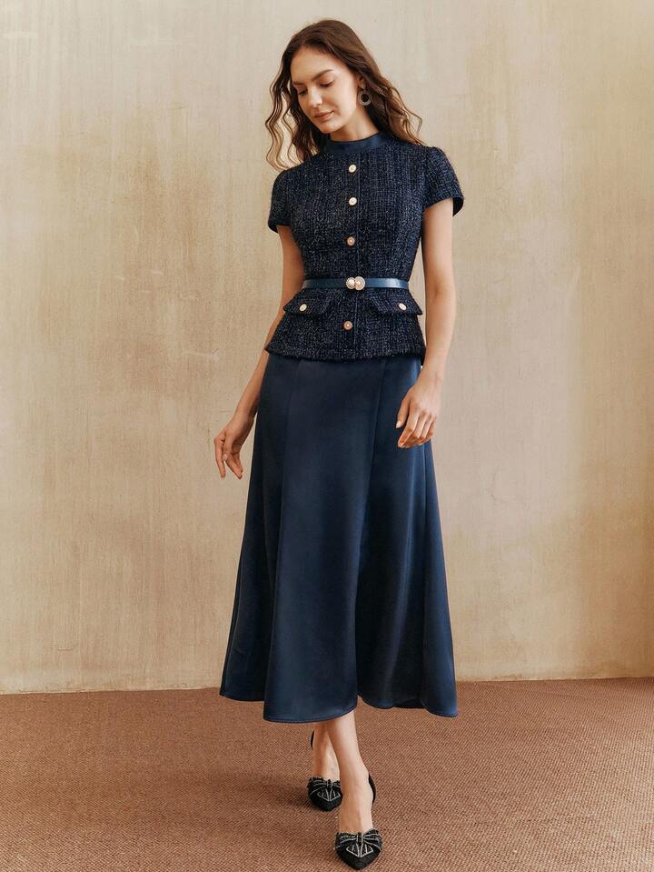 CM-DS706234 Women Elegant Seoul Style Stand Collar Short Sleeve Tweed Satin Patchwork Dress - Navy Blue