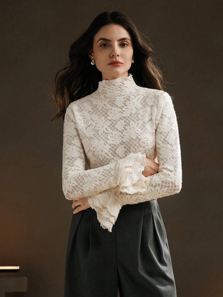 CM-TS929621 Women Elegant Seoul Style Stand Collar Long Sleeve Ruffle Cuff Fitted Crochet Blouse - Apricot