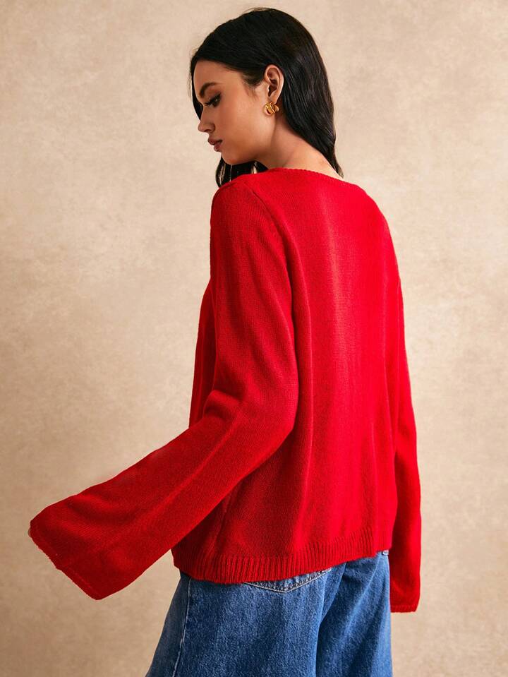 CM-CS933231 Women Casual Seoul Style Solid Color Front Tie Long Sleeve Cardigan - Red