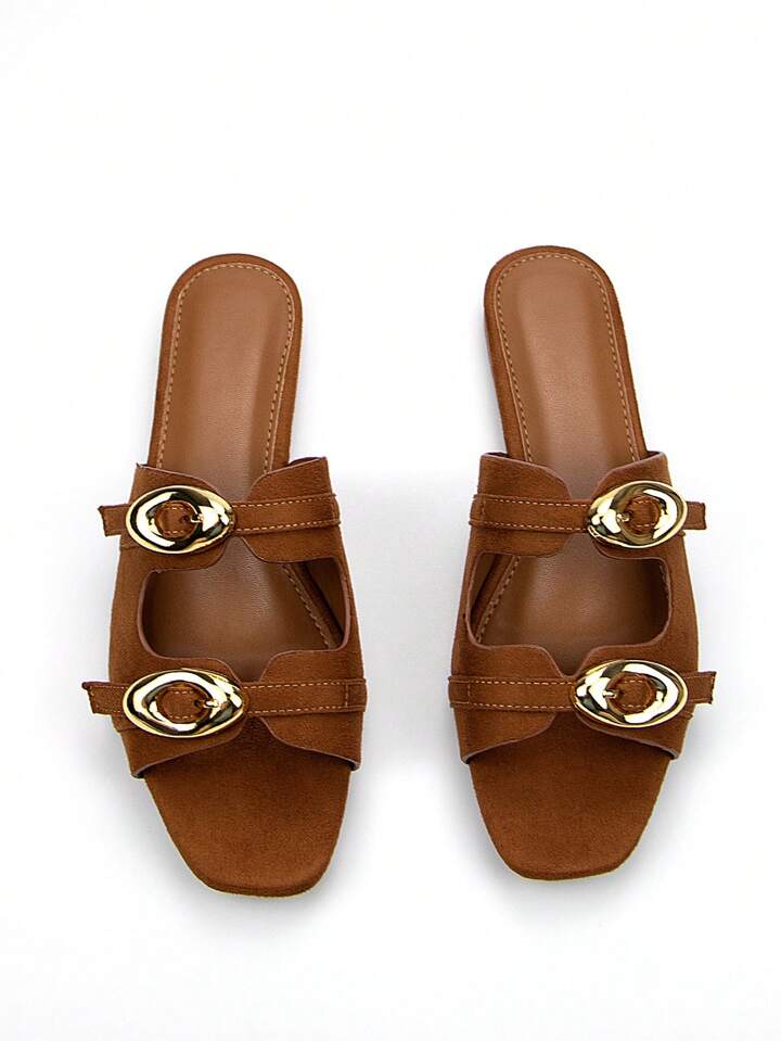 CM-SHS982946 Women Trendy Seoul Style Suede Square Toe Golden Buckle Decor Flat Mules With Adjustable Strap - Brown