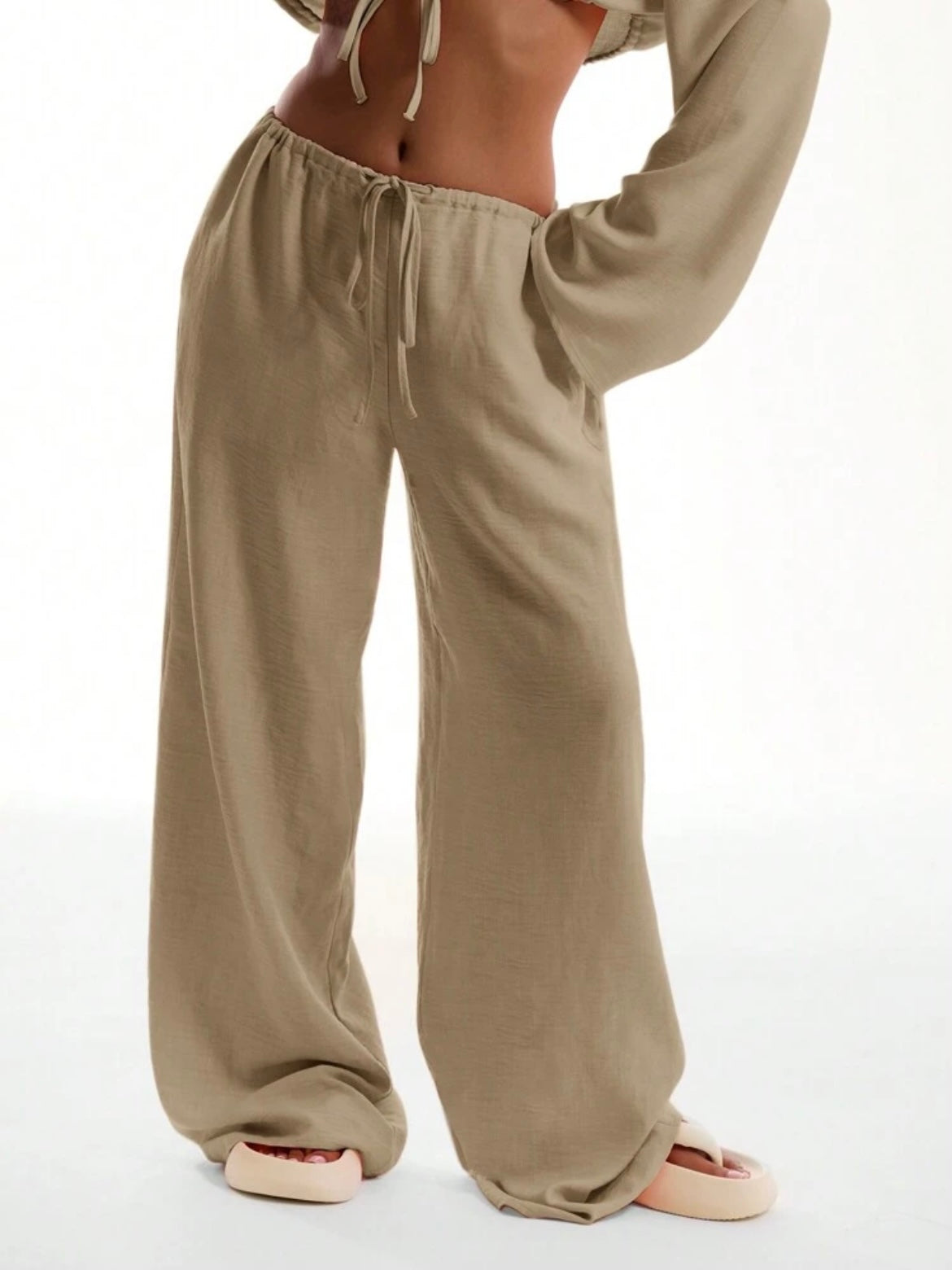 CM-BS695452 Women Trendy Bohemian Style Tie Front Linen Feel Beach Trouser - Beige