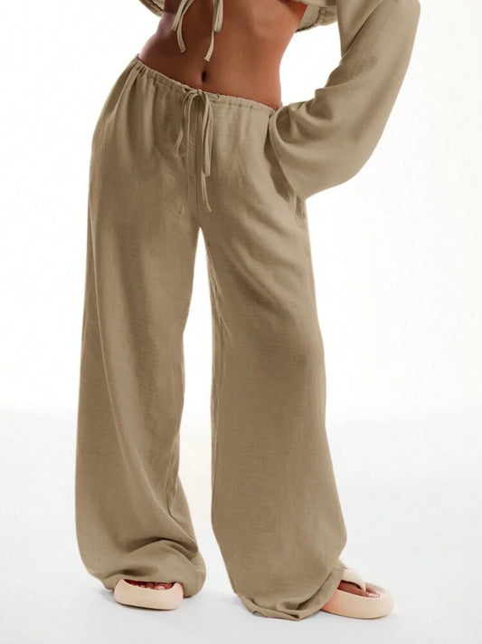 CM-BS695452 Women Trendy Bohemian Style Tie Front Linen Feel Beach Trouser - Beige