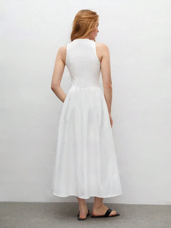 CM-DS653316 Women Trendy Bohemian Style Round Neck Sleeveless High Waist Slim Fit Dress - White