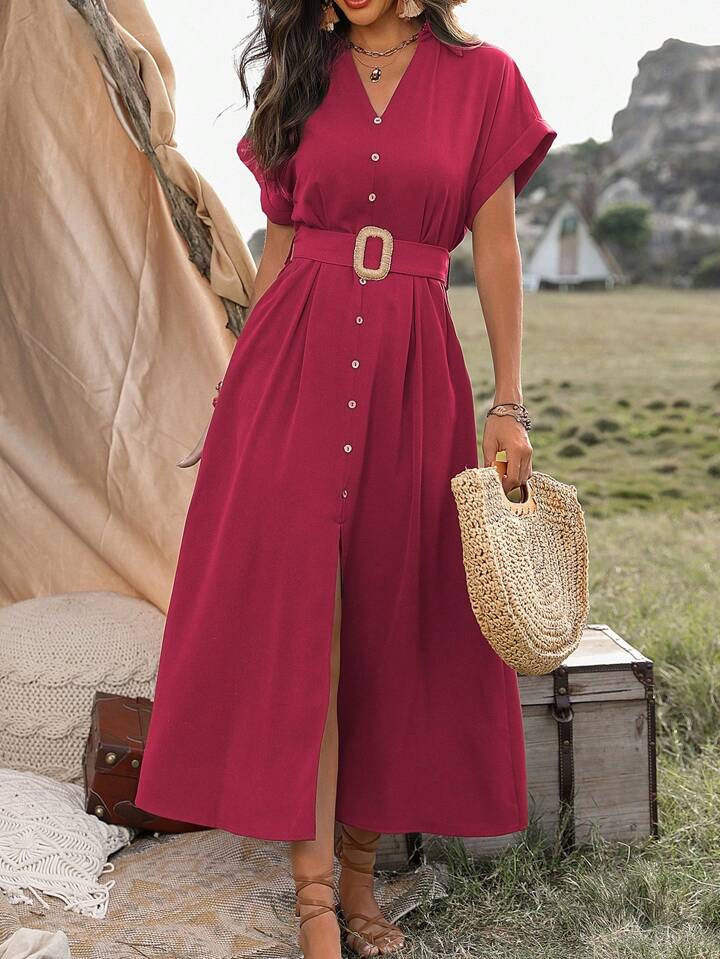 CM-DS880032 Women Trendy Bohemian Style Collar Neckline Batwing Sleeve Dress - Burgundy