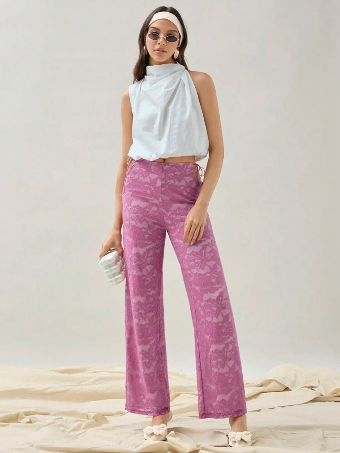 CM-BS032552 Women Elegant Seoul Style Cut Out Droop Waist Hollow Lace Straight Pants - Pink