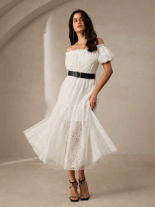 CM-DS047391 Women Elegant Seoul Style Lace Off the Shoulder Puff Sleeve Long Dress - White