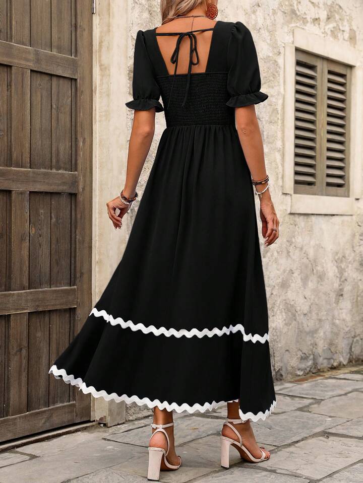 CM-DS757416 Women Trendy Bohemian Style Short Sleeve Wavy Hemline Dress - Black