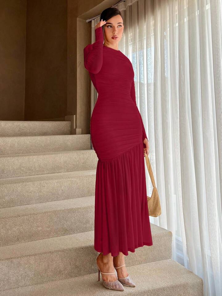 CM-DS494737 Women Elegant Seoul Style Round Neck Solid Ruched Ruffle Hem Dress - Burgundy