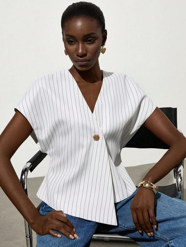 CM-TS249010 Women Casual Seoul Style V-Neck Open Front Asymmetrical Hemline Sleeveless Blouse