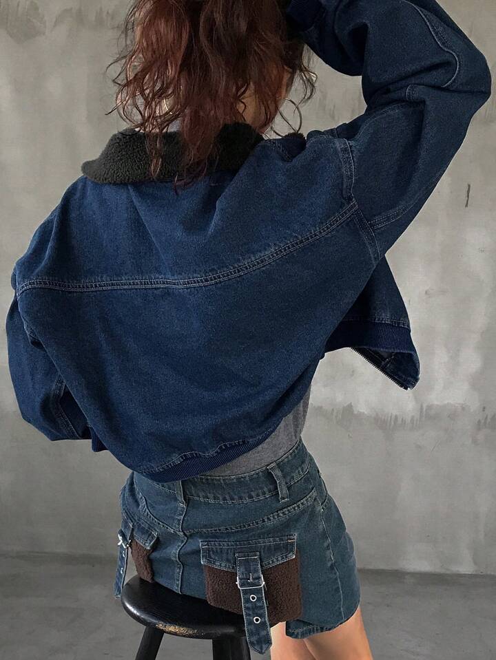 CM-CS538908 Women Casual Seoul Style Long Sleeve Loose Hem Crop Denim Jacket With Furry Collar - Blue