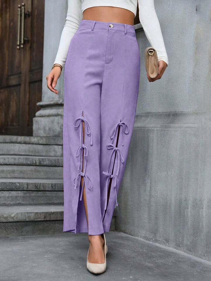 CM-BS070501 Women Casual Seoul Style Bowknot Decoration High Slit Wide Leg Pants - Purple