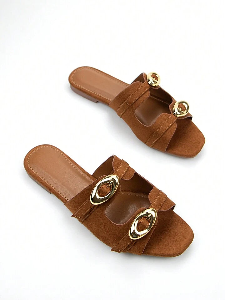 CM-SHS982946 Women Trendy Seoul Style Suede Square Toe Golden Buckle Decor Flat Mules With Adjustable Strap - Brown