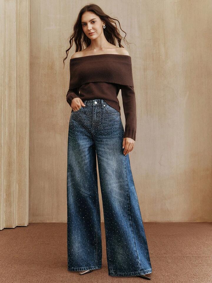 CM-BS052931 Women Elegant Seoul Style Dark Wash Mid Waist Baggy Flared Leg Pants