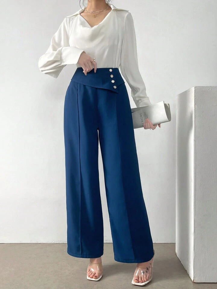 CM-BS457540 Women Casual Seoul Style Solid Color Button Straight Leg Trousers - Teal Blue