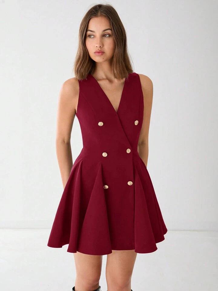 CM-DS856616 Women Elegant Seoul Style V-Neck Front Button Sleeveless A-Line Mini Dress - Burgundy