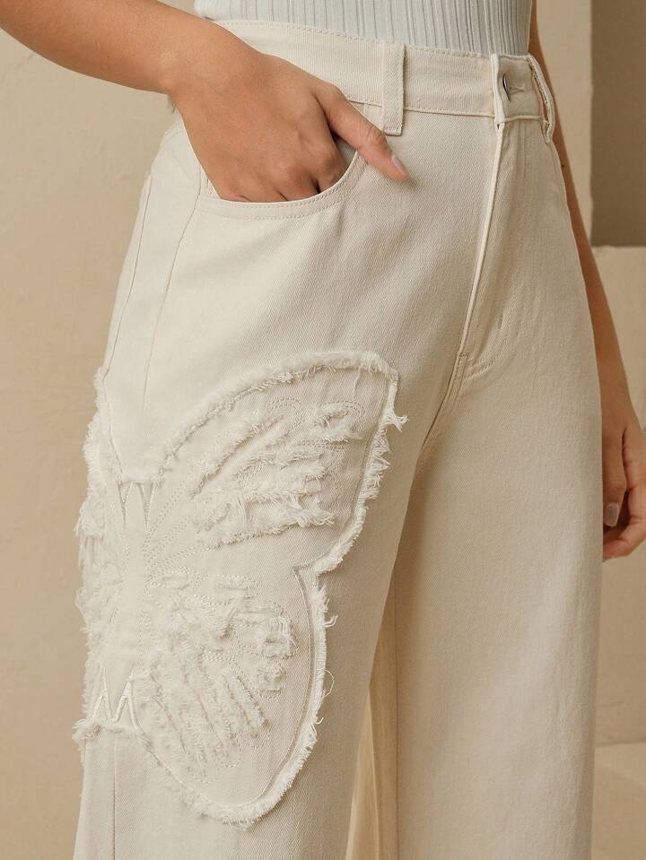 CM-BS822212 Women Casual Seoul Style Mid Waist Embroidered Straight Leg Jeans - Apricot