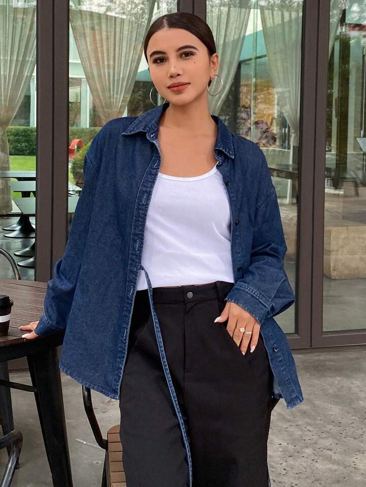 CM-TS761716 Women Casual Seoul Style Solid Color Tie Loose Lapel Long Sleeve Denim Jacket - Blue