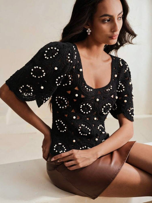 CM-TS925804 Women Casual Seoul Style Crochet Hollow-Out Balloon Sleeve Beaded T-Shirt - Black