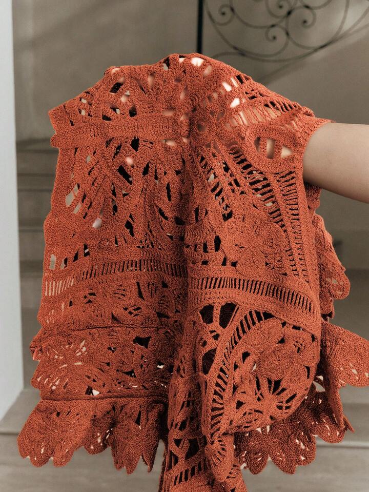 CM-TS490712 Women Casual Seoul Style Symmetrical Floral Pattern Cropped Ruffled Hem Knit Top - Rust Brown