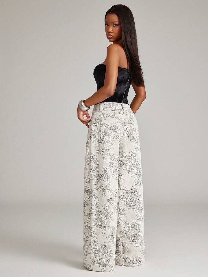 CM-BS532226 Women Casual Seoul Style High Waist Jacquard Floral Print Wide-Leg Jeans