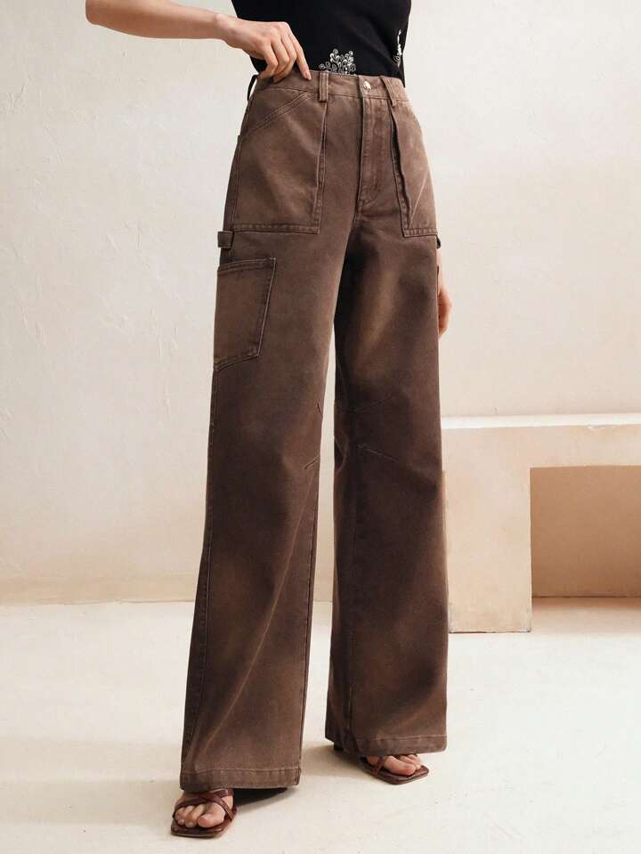 CM-BS448646 Women Casual Seoul Style Zipper Fly Loose Straight Leg Jeans - Coffee Brown