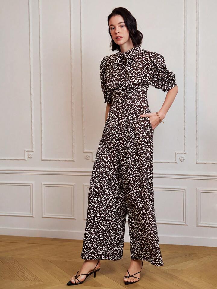 CM-JS147093 Women Casual Seoul Style Tie Neck Bubble Sleeve Floral Printed Jumpsuit