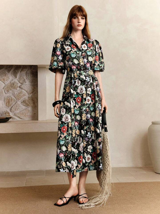 CM-DS232225 Women Casual Seoul Style Floral Print Elastic Waist Ruched Puff Sleeve Belted Midi Dress - Black