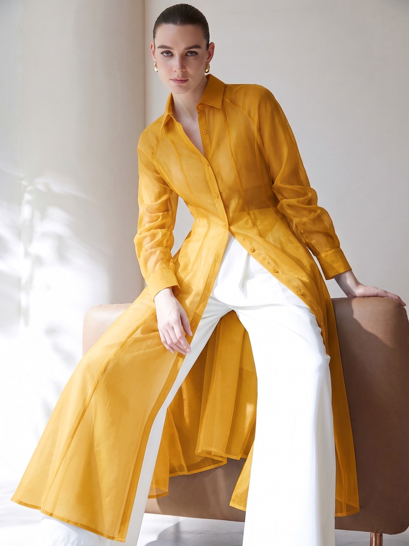 CM-TS234034 Women Casual Seoul Style Translucent Textured V-Neck Long Sleeve Gathered Waist Shirtdress - Yellow