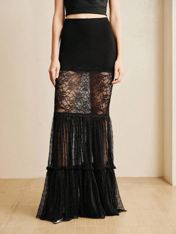 CM-BS365072 Women Elegant Seoul Style Chiffon Lace Hollow Out Lace Patchwork Ruffled Trim Long Skirt - Black