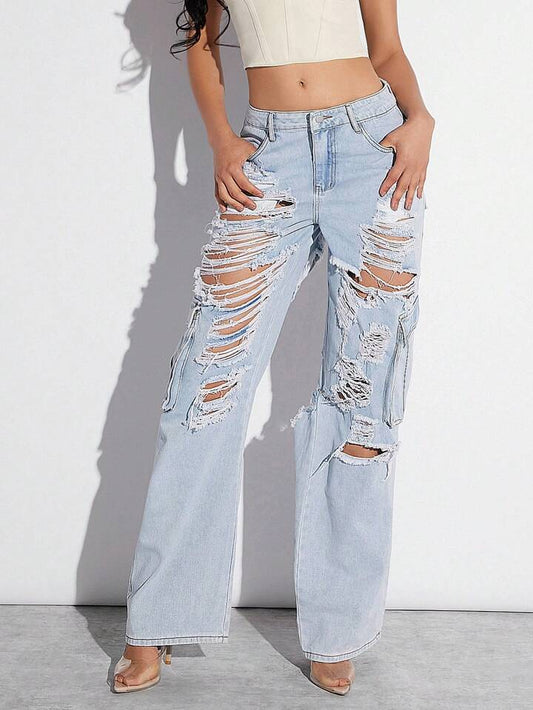 CM-BS658995 Women Casual Seoul Style Light Wash Distressed Buttoned Denim Pants With Pockets